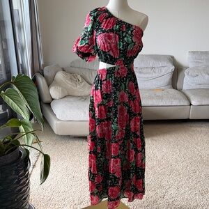Moon River One-Shoulder Rose Floral Dress in Pink and Green XS